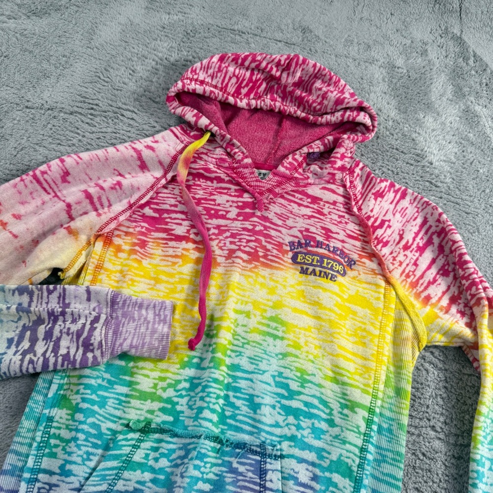 ESY Surf Co Bar Harbor Maine Rainbow Tie Dye Burnout Hoodie Womens Medium